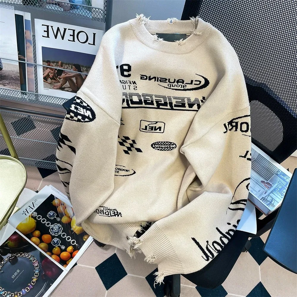 American high street retro oversize racing suit sweater men and women autumn and winter bf lazy wind hole knit sweater jacket