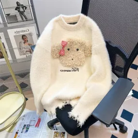 Artistic raw milk cute bow bear sweater men and women winter small lazy soft glutinous mink fleece sweater