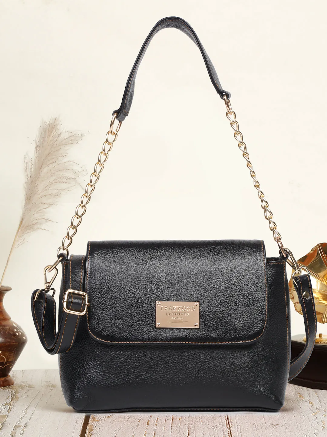 Black Leather Structured Shoulder Bag