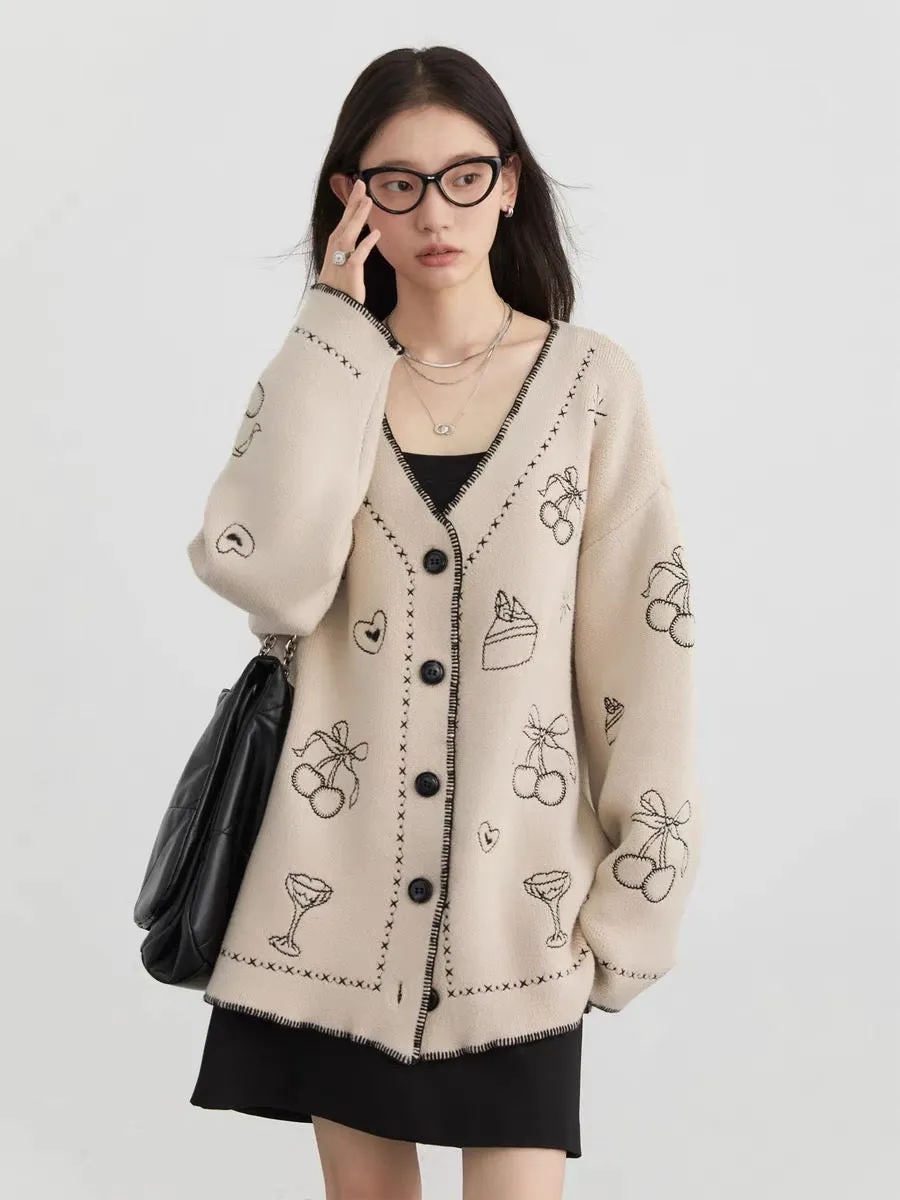 CHICVEN Retro Adventure Autumn New Korean Style V-neck Contrast Color Embroidered Sweater Jacket Heavy Knitted Cardigan