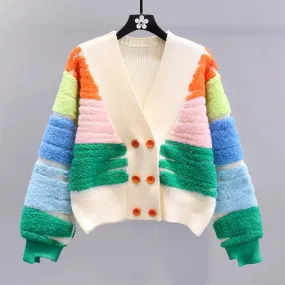 Contrast color V-neck double-breasted sweater jacket for women autumn and winter 2023 new loose lazy style high-end knitted card