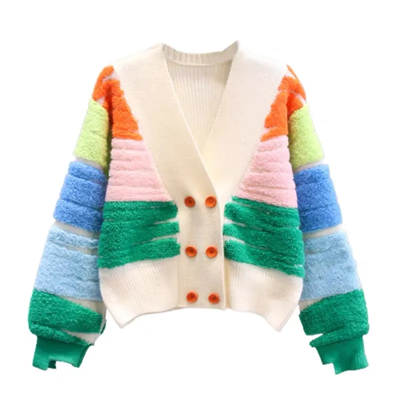 Contrast color V-neck double-breasted sweater jacket for women autumn and winter 2023 new loose lazy style high-end knitted card