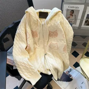 Creamy yellow cute cat hooded twist sweater for women spring and autumn loose Korean style sweet soft waxy knitted cardigan jack