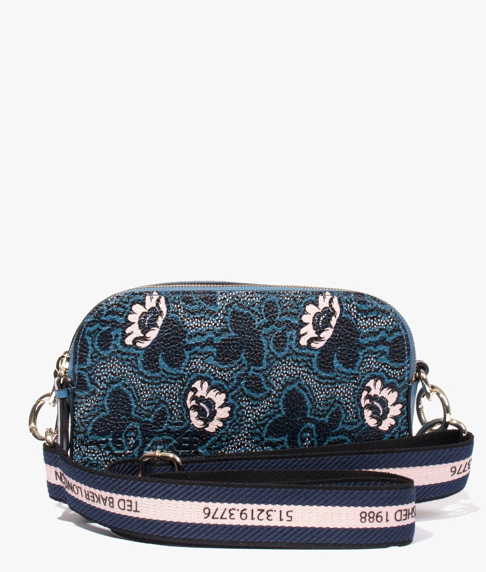 Darlino graphic floral print camera bag in blue