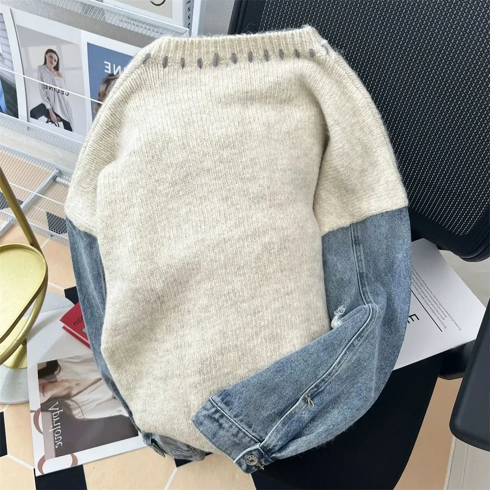 Design niche denim splicing heart knitted sweater jacket men and women spring and autumn loose retro Japanese lazy sweater