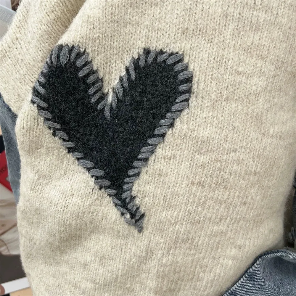 Design niche denim splicing heart knitted sweater jacket men and women spring and autumn loose retro Japanese lazy sweater