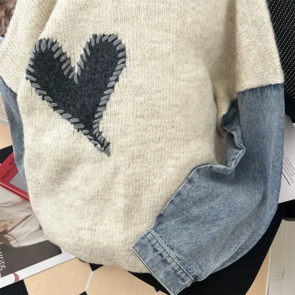 Design niche denim splicing heart knitted sweater jacket men and women spring and autumn loose retro Japanese lazy sweater