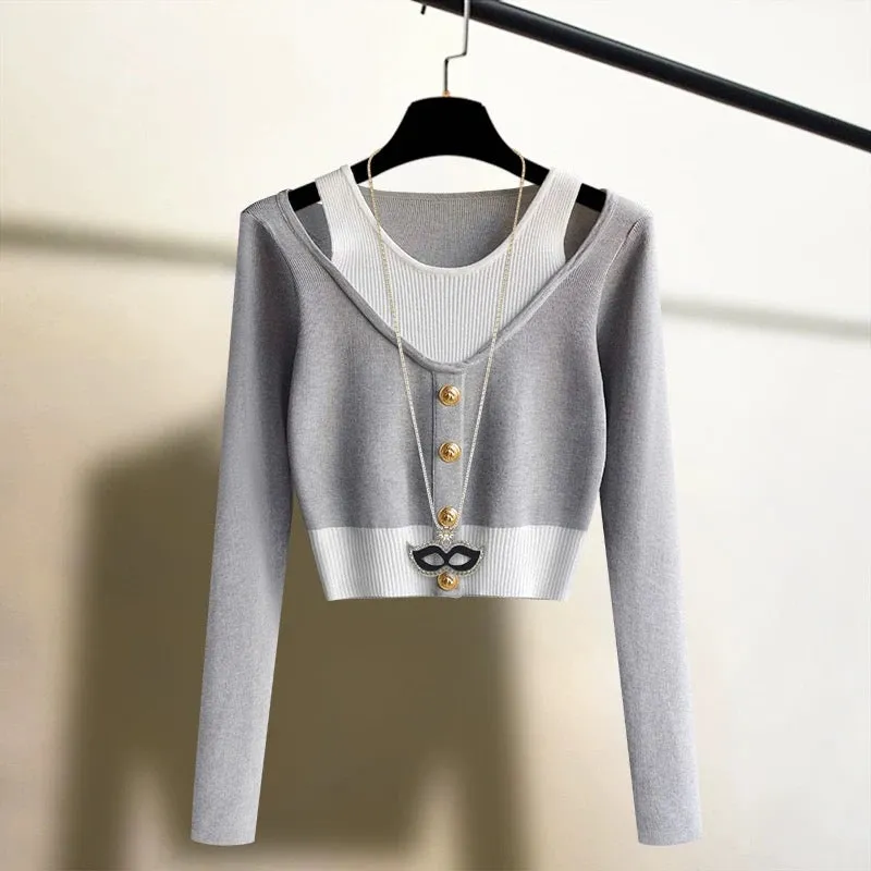 Design niche high waist halter neck slimming tight knitted sweater women's unique top bottoming sweater autumn and winter