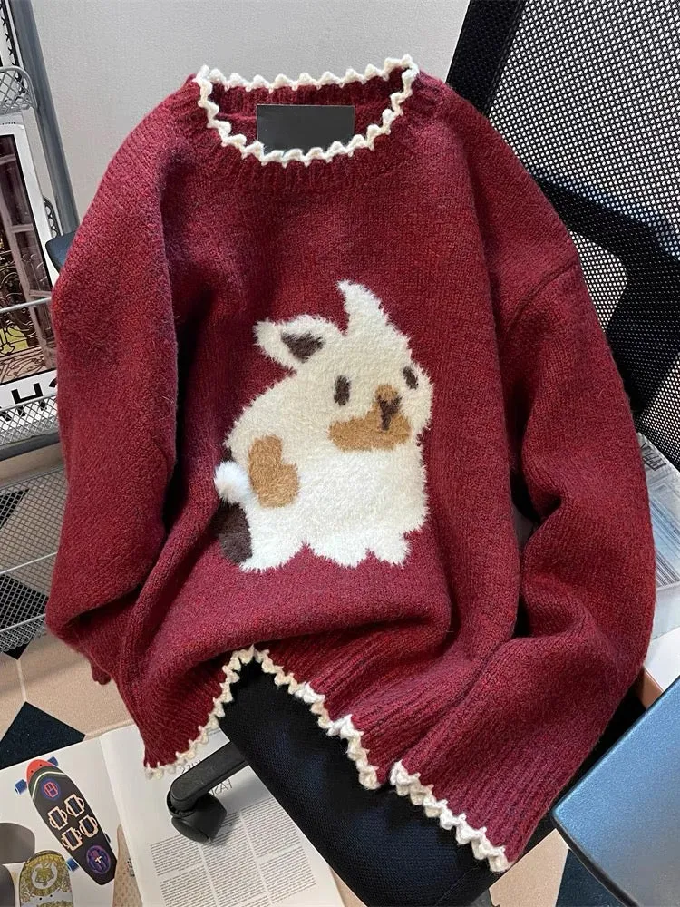 Design sense niche cute rabbit zodiac year Christmas red sweater men and women autumn and winter sweet wood ear edge knitted top