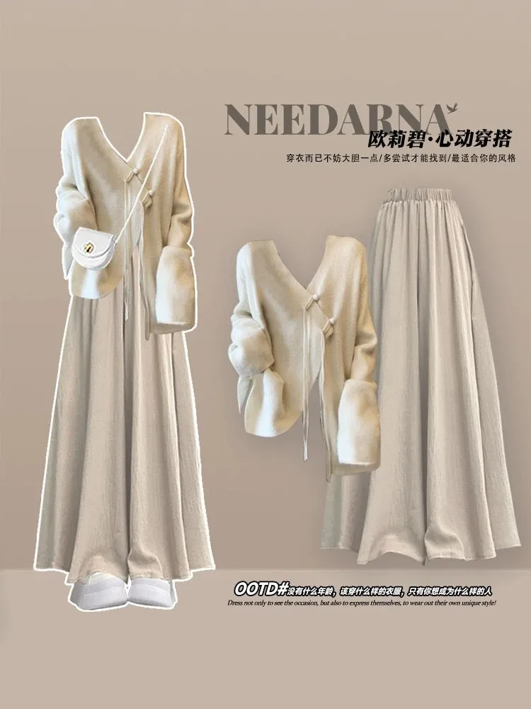 Early autumn new Chinese style a complete set of outfits lazy style sweater Korean style atmosphere dress long skirt suit