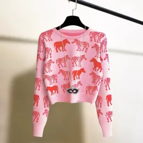 European jacquard embroidery pink long-sleeved pullover sweater for women autumn and winter new style inner warm base sweater to