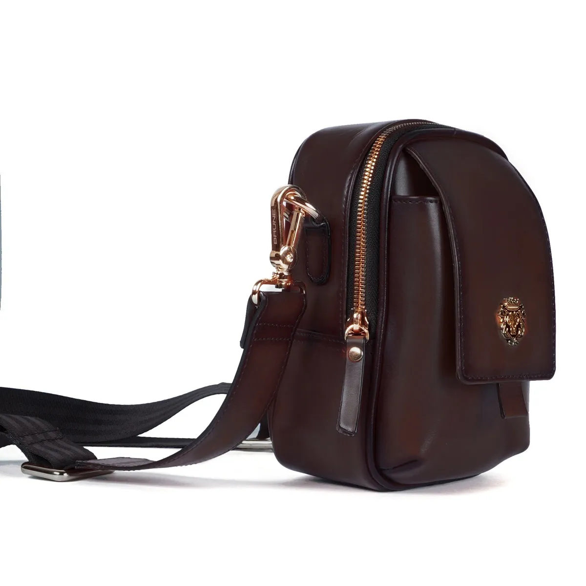 Flap Over Dark Brown Cross-Body Leather Bag Adjustable Shoulder Strap