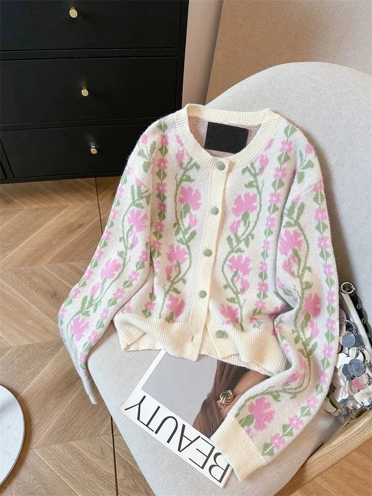 French gentle temperament floral soft waxy sweater cardigan for women in spring and autumn sweet and high-end short knitted top