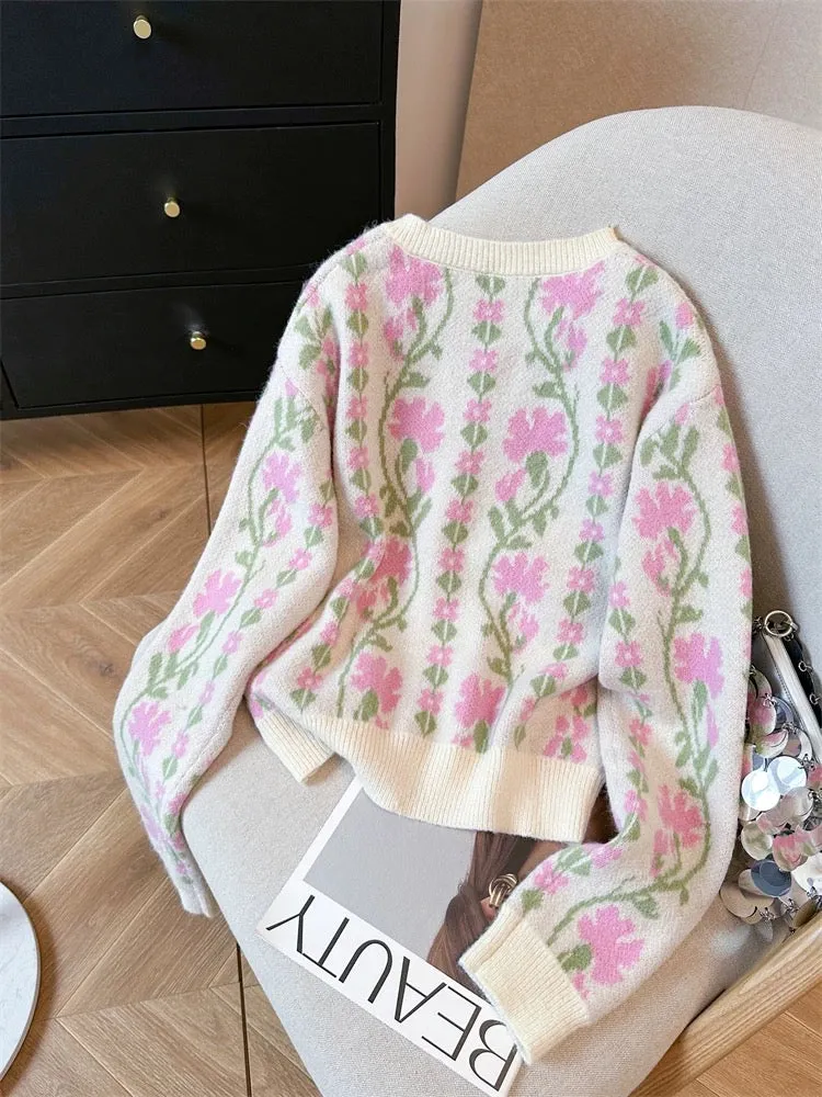 French gentle temperament floral soft waxy sweater cardigan for women in spring and autumn sweet and high-end short knitted top