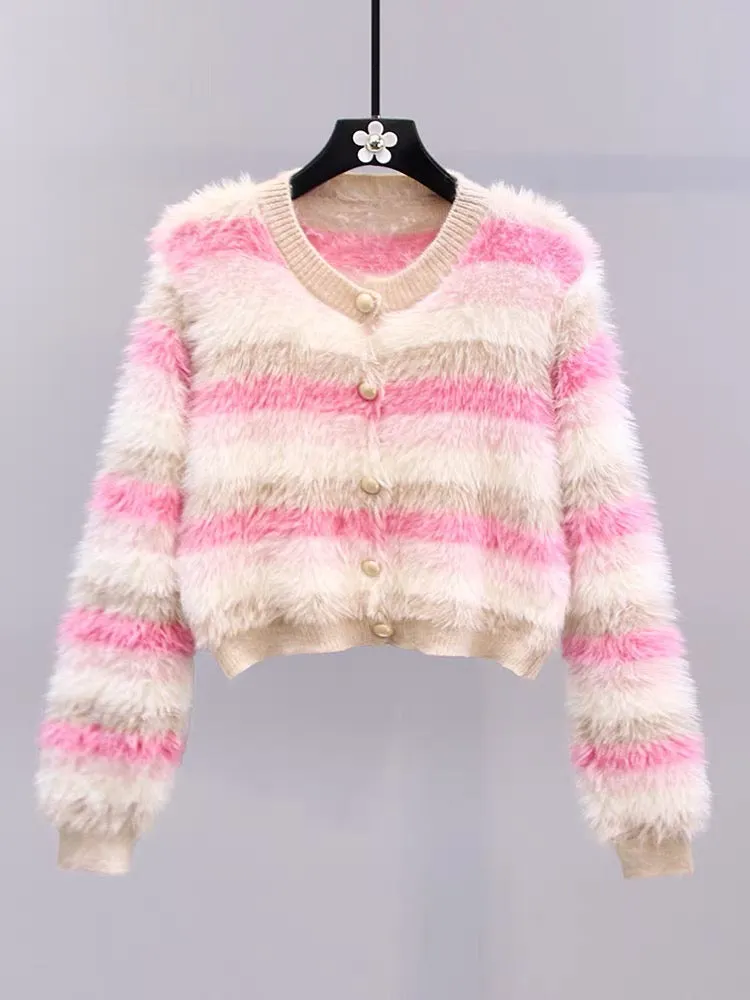 Gentle style striped mink sweater jacket for women autumn and winter 2023 new style foreign style short slim knitted cardigan