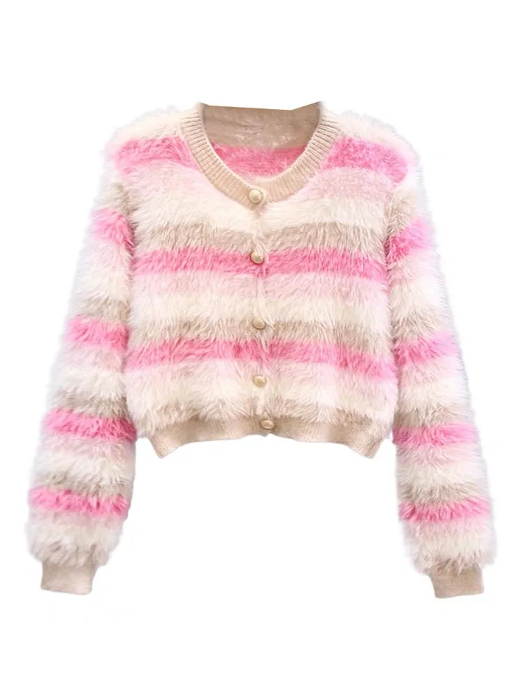 Gentle style striped mink sweater jacket for women autumn and winter 2023 new style foreign style short slim knitted cardigan