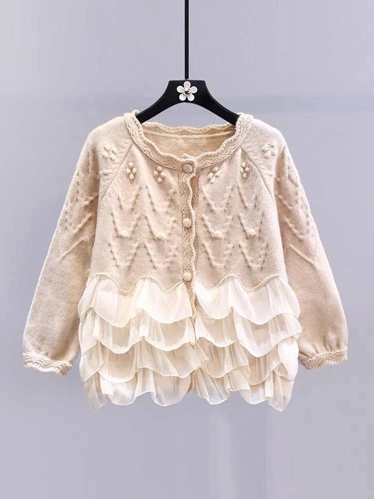 Gentle wind ruffled splicing sweater jacket for women autumn and winter 2023 new design niche loose knitted cardigan