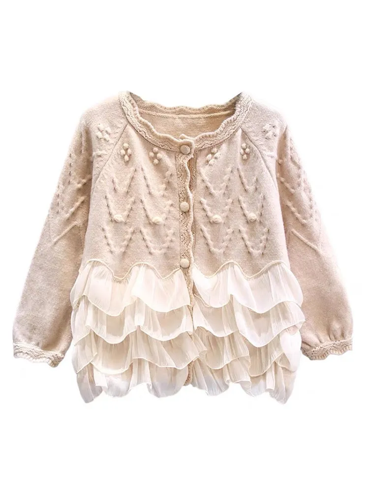 Gentle wind ruffled splicing sweater jacket for women autumn and winter 2023 new design niche loose knitted cardigan