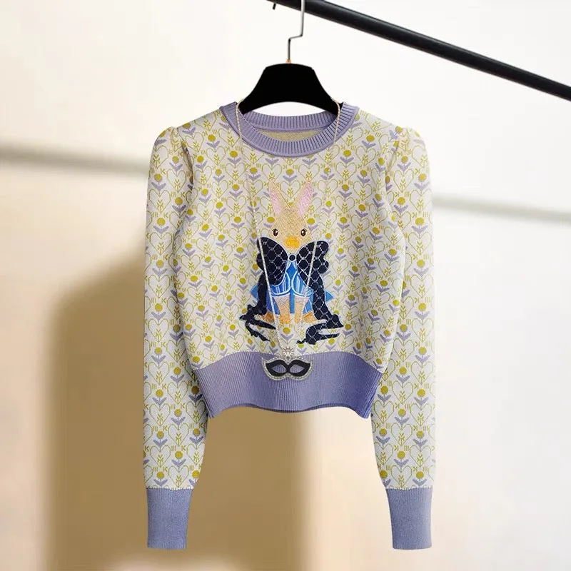 High-end rabbit embroidered breast-style pullover sweater for women in autumn and winter, super nice and warm bottoming sweater 