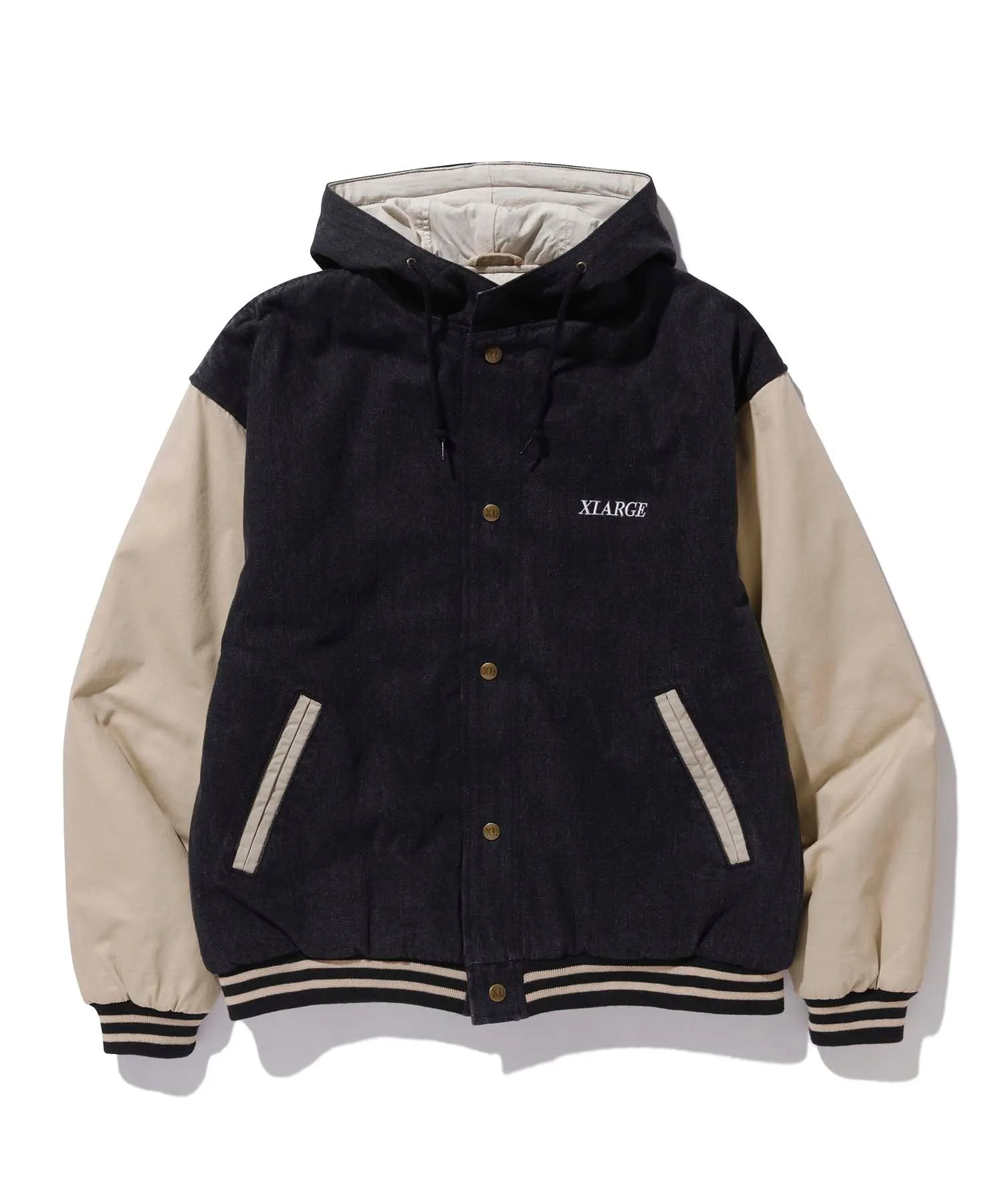 HOODED VARSITY DENIM JACKET