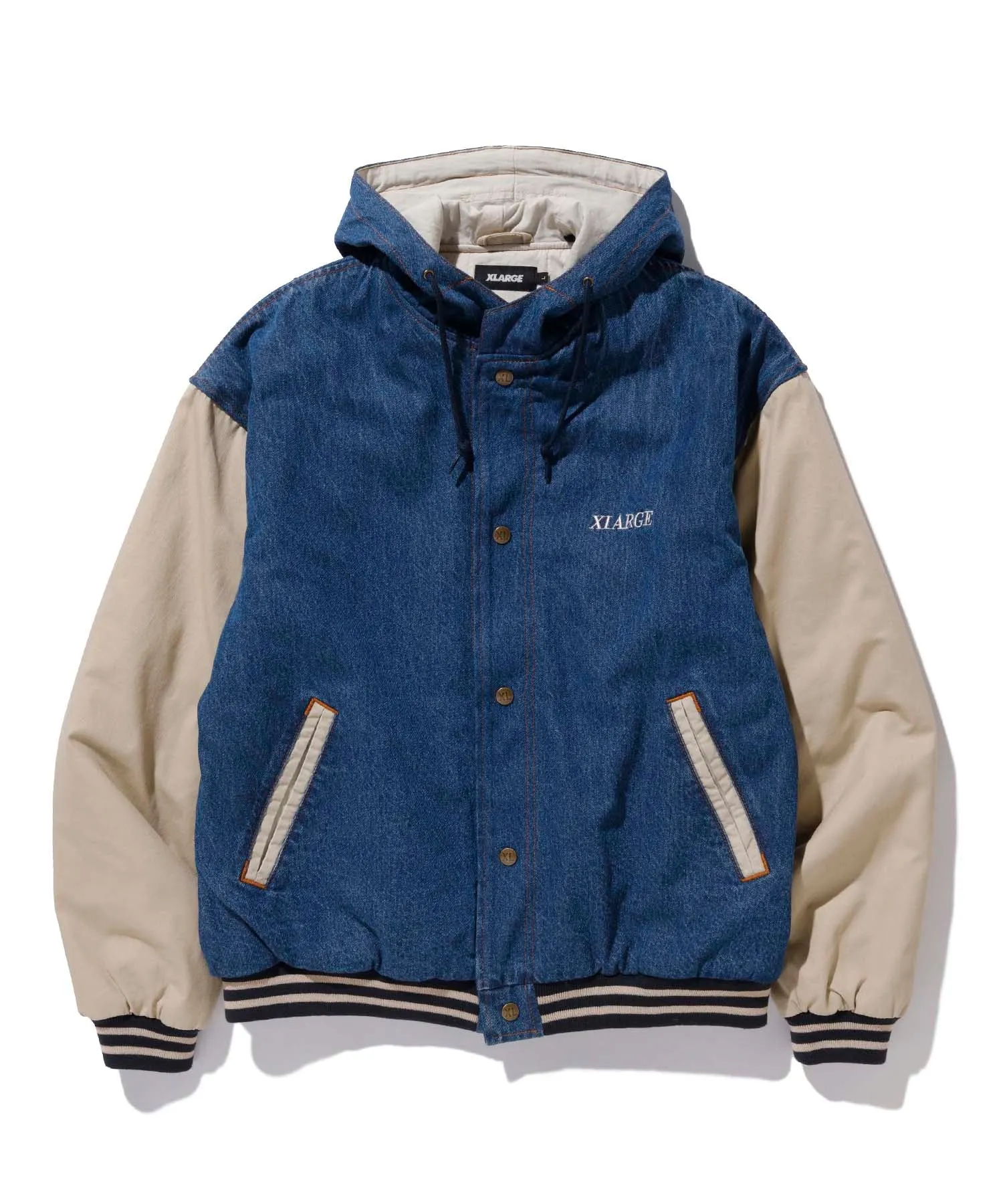 HOODED VARSITY DENIM JACKET