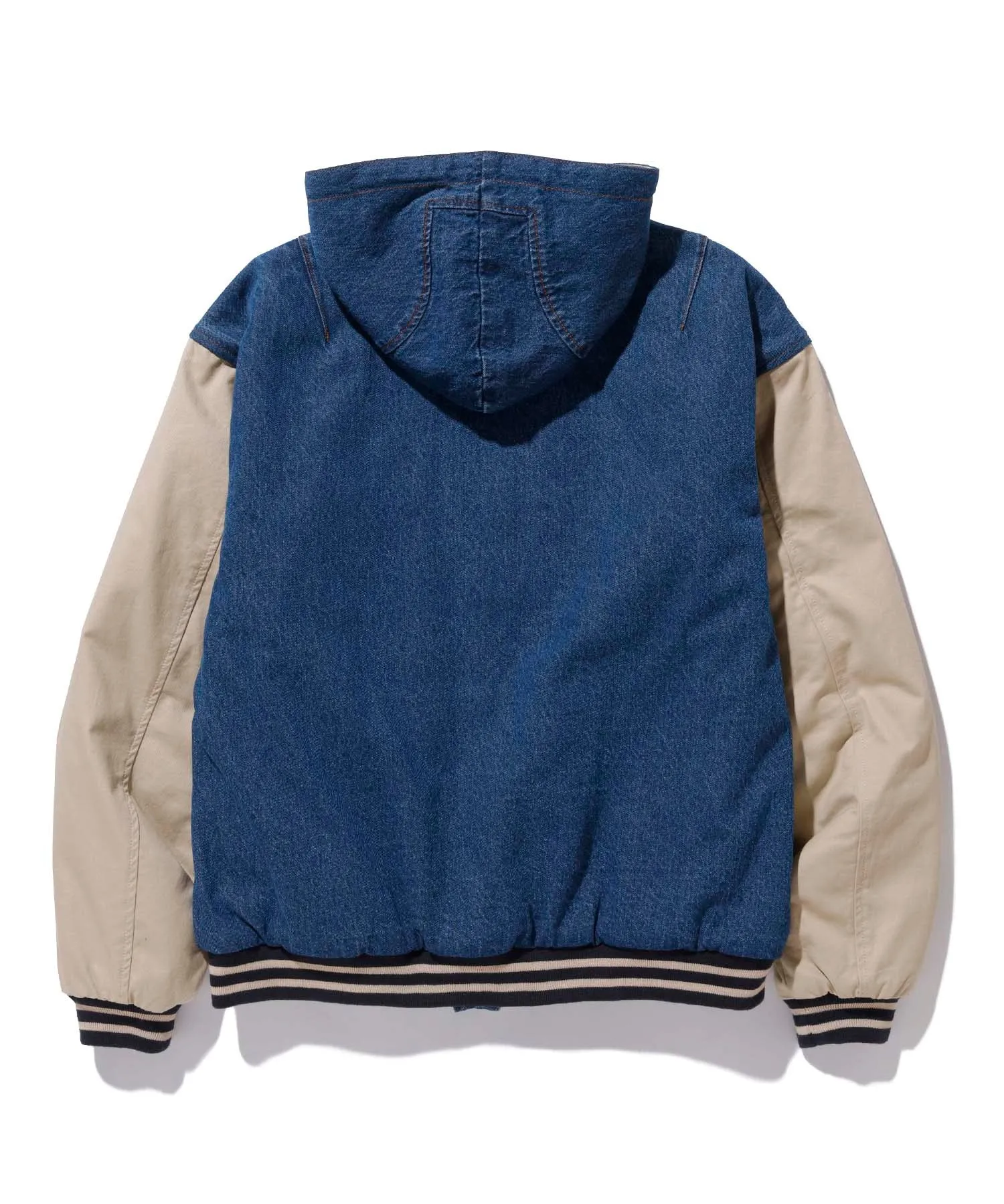 HOODED VARSITY DENIM JACKET