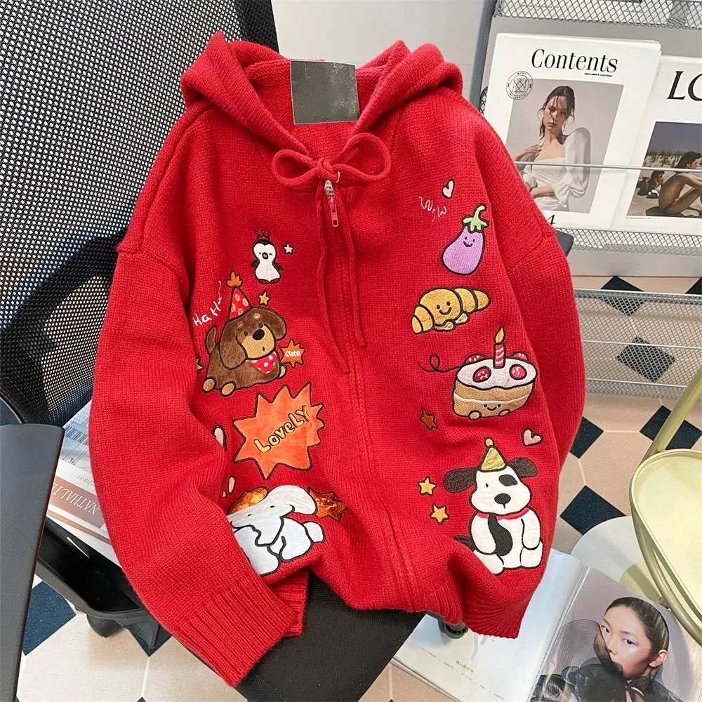 Japanese Christmas red puppy embroidered hooded sweater for women in autumn and winter sweet and cute age-reducing western style