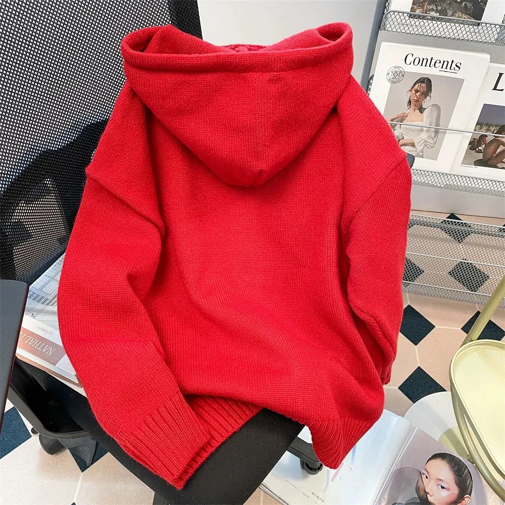 Japanese Christmas red puppy embroidered hooded sweater for women in autumn and winter sweet and cute age-reducing western style