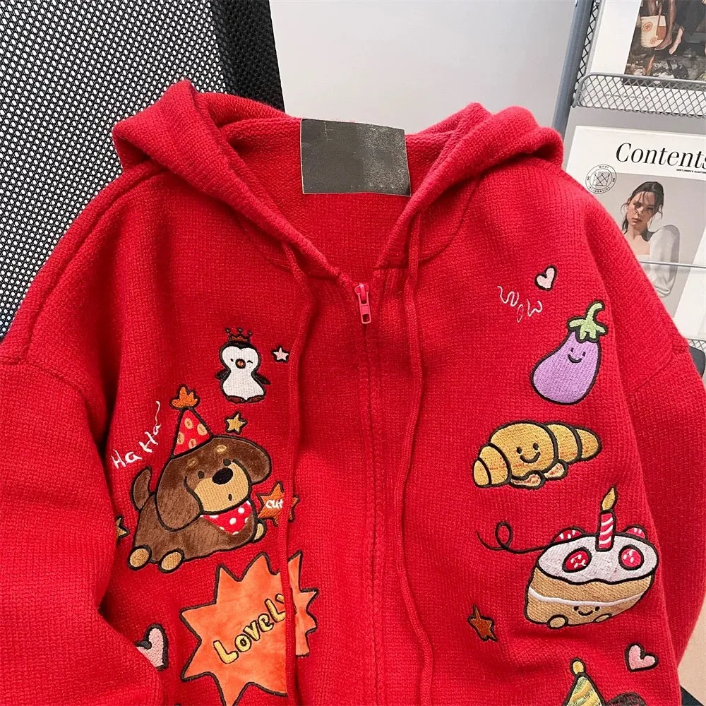 Japanese Christmas red puppy embroidered hooded sweater for women in autumn and winter sweet and cute age-reducing western style