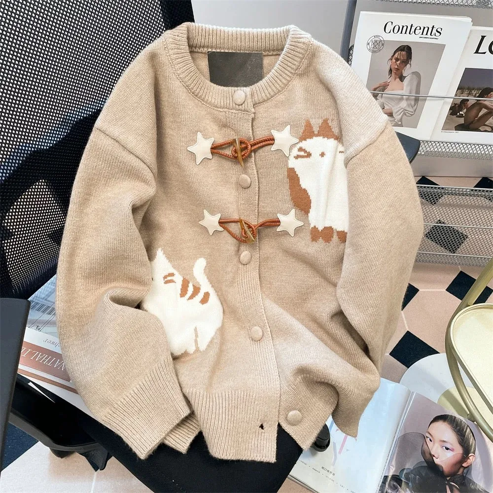 Japanese college style cat horn button sweater cardigan women's autumn and winter sweet and cute knitted jacket top