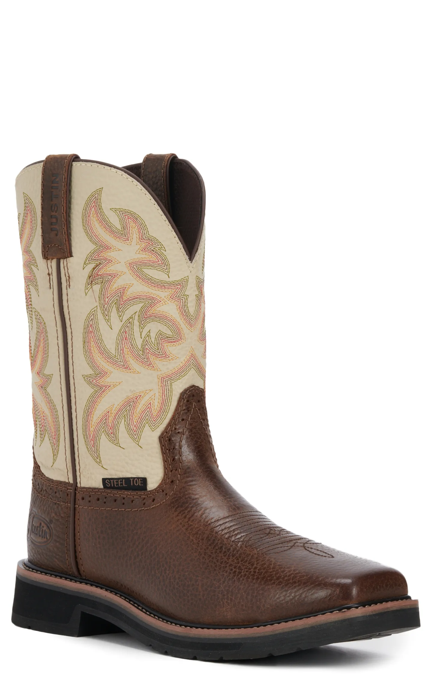 Justin Men's Stampede Driller Rich Brown and Ivory Square Steel Toe Work Boot