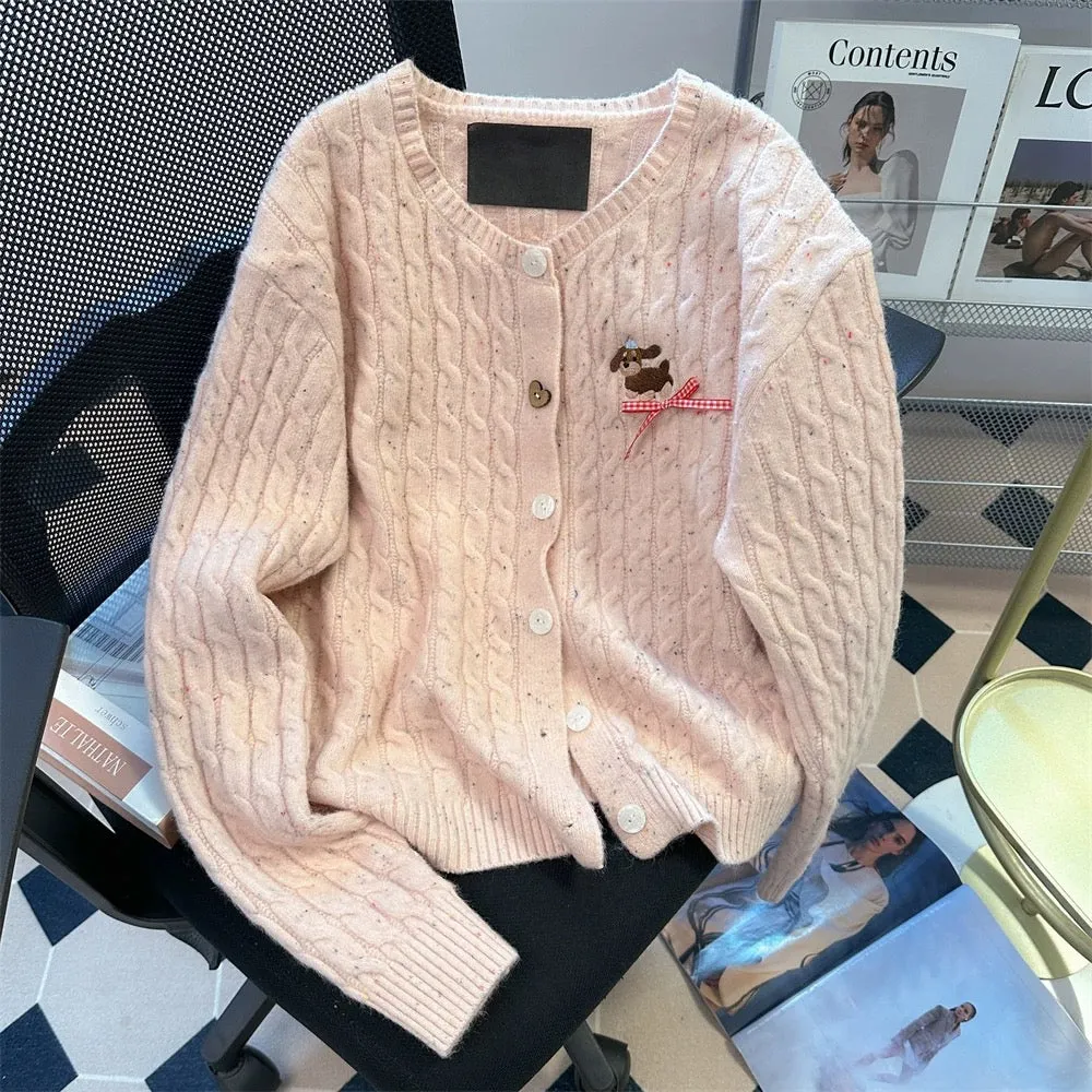 Korean college style twist knitted cardigan jacket for women autumn pink sweet and cute puppy embroidered soft waxy sweater