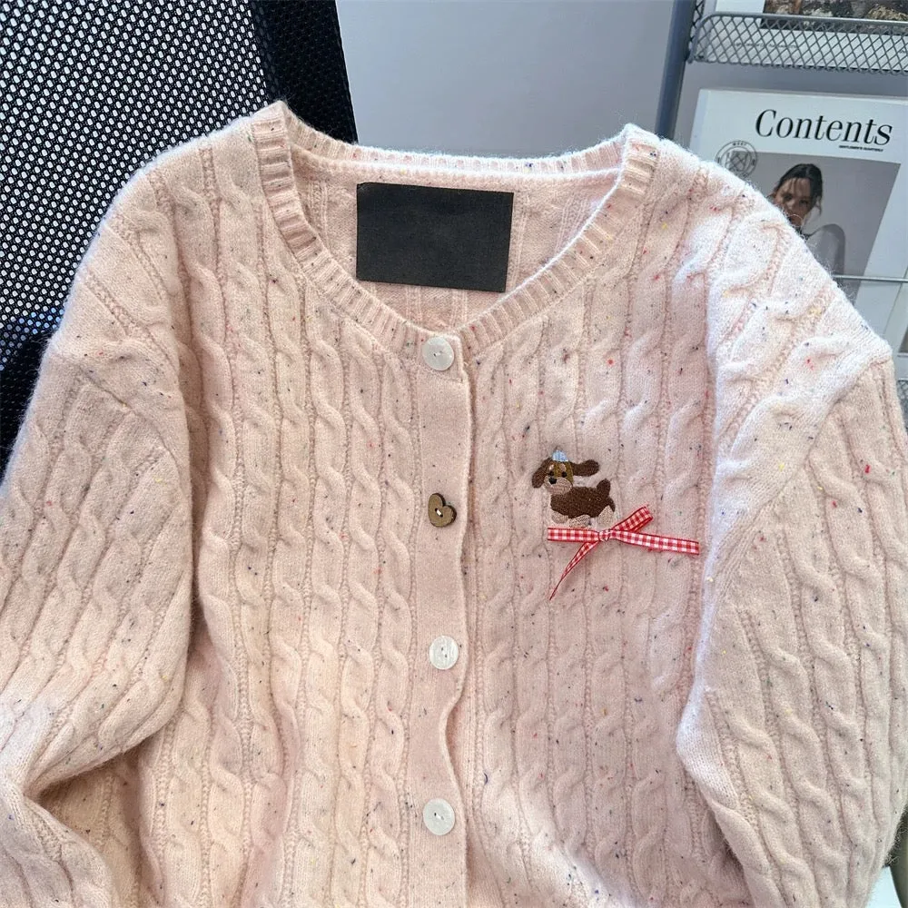 Korean college style twist knitted cardigan jacket for women autumn pink sweet and cute puppy embroidered soft waxy sweater