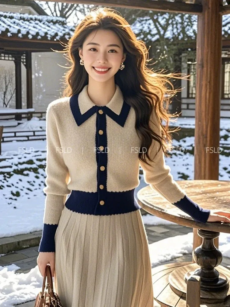 Korean high-end outfit oatmeal knitted cardigan sweater dress suit 2024 new women's winter clothing