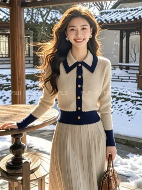 Korean high-end outfit oatmeal knitted cardigan sweater dress suit 2024 new women's winter clothing