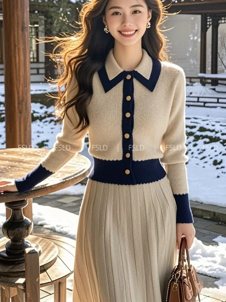 Korean high-end outfit oatmeal knitted cardigan sweater dress suit 2024 new women's winter clothing