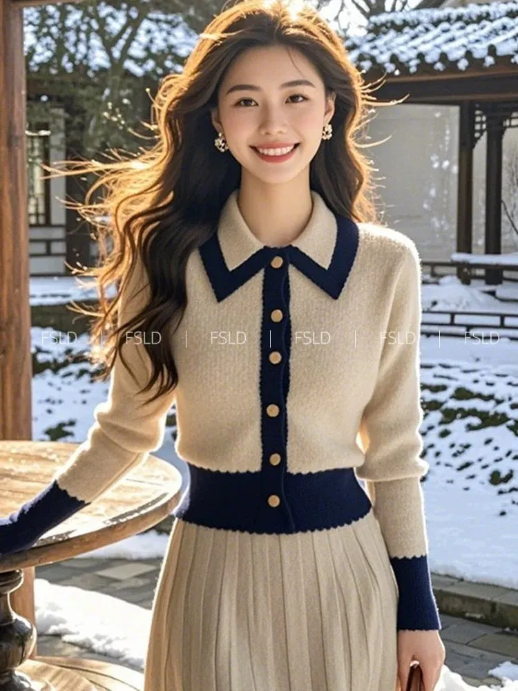 Korean high-end outfit oatmeal knitted cardigan sweater dress suit 2024 new women's winter clothing