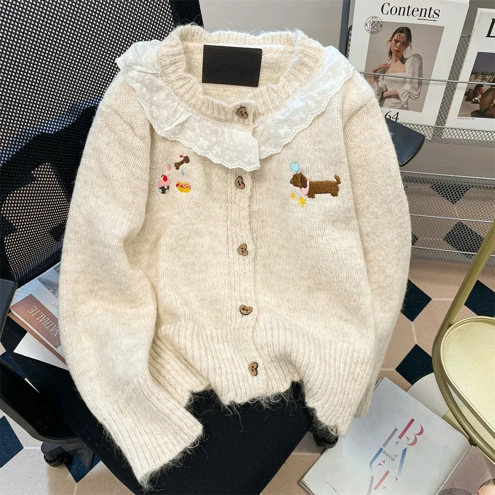 Korean lace stitching puppy embroidered sweater cardigan for women in autumn and winter, sweet and gentle, soft and waxy knitted