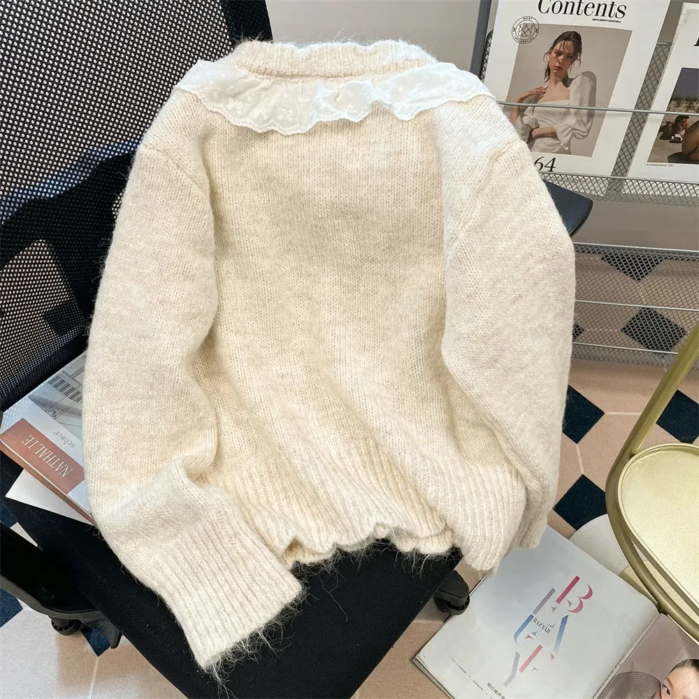 Korean lace stitching puppy embroidered sweater cardigan for women in autumn and winter, sweet and gentle, soft and waxy knitted