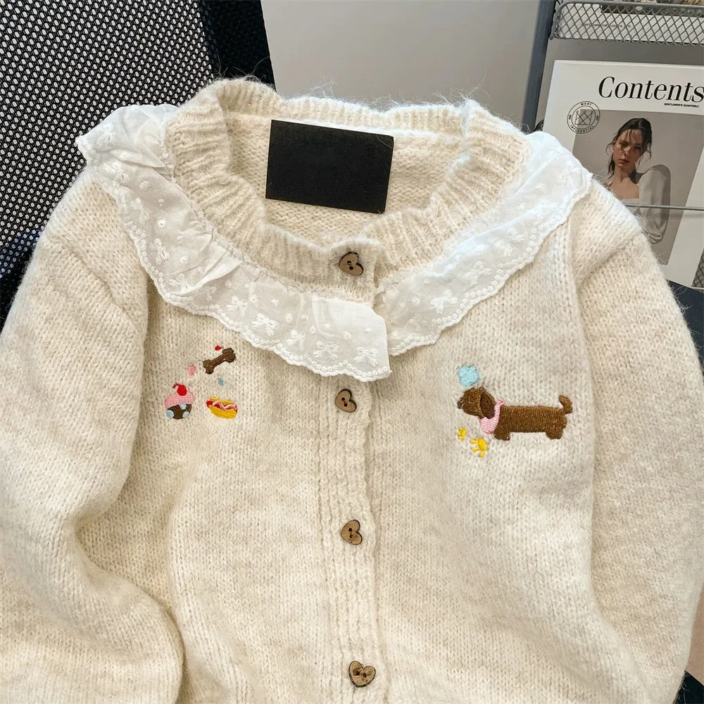 Korean lace stitching puppy embroidered sweater cardigan for women in autumn and winter, sweet and gentle, soft and waxy knitted