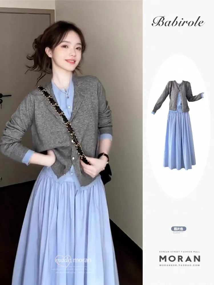 Korean style early autumn outfit fake two-piece knitted cardigan female gray top skirt temperament age-reducing suit