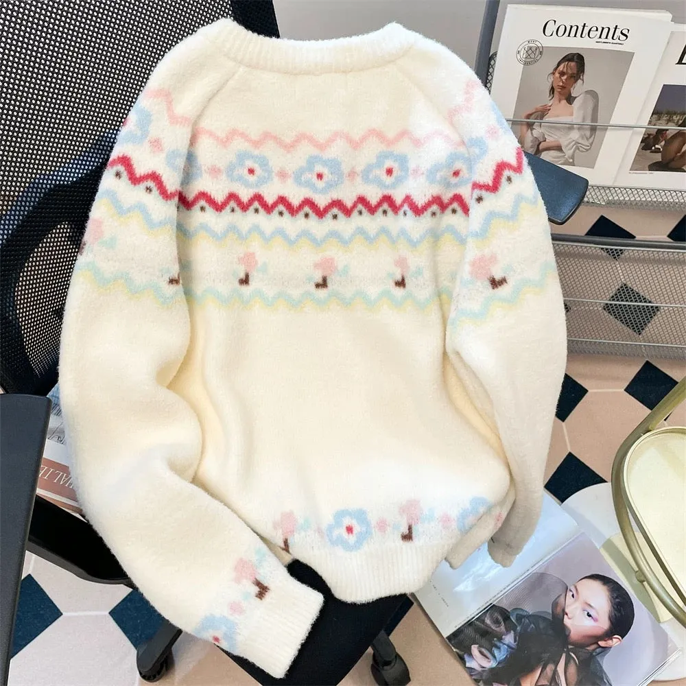 Korean style gentle vintage Fair Isle sweet sweater for women in autumn and winter to reduce age, beautiful and stylish knitted 