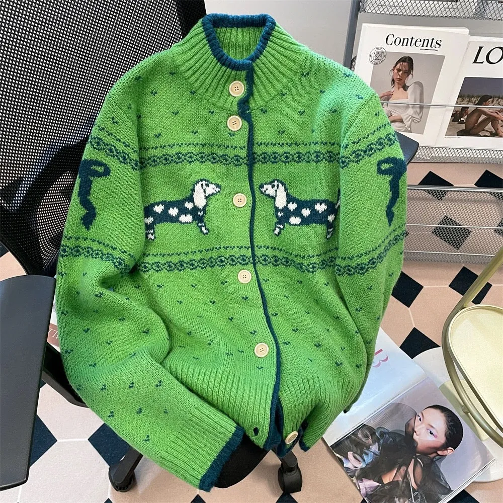 Korean style green half turtleneck sweater cardigan for women autumn and winter sweet college style art student knitted jacket