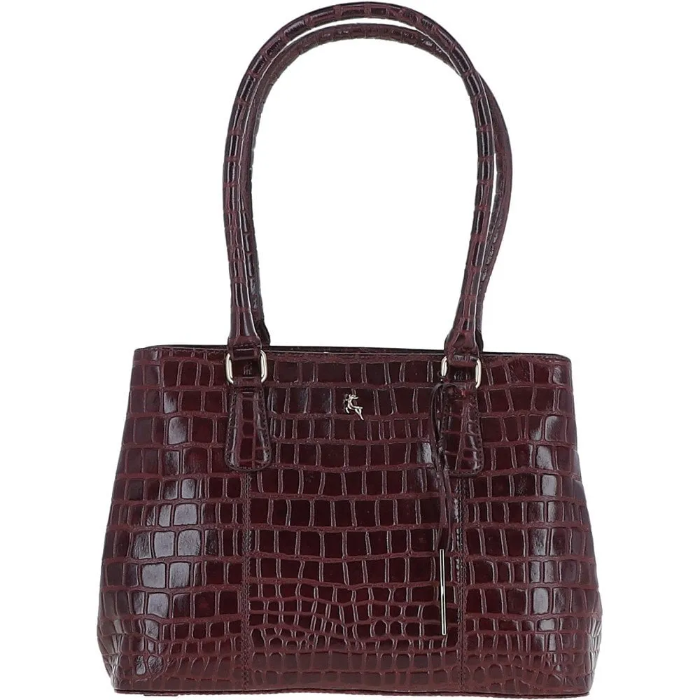 Ladies Crocodile Effect Bordeaux Leather Dual Compartment Shoulder Bag