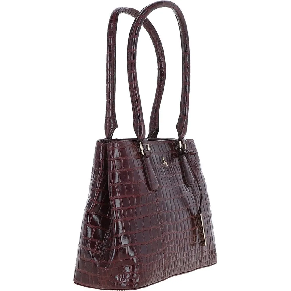 Ladies Crocodile Effect Bordeaux Leather Dual Compartment Shoulder Bag