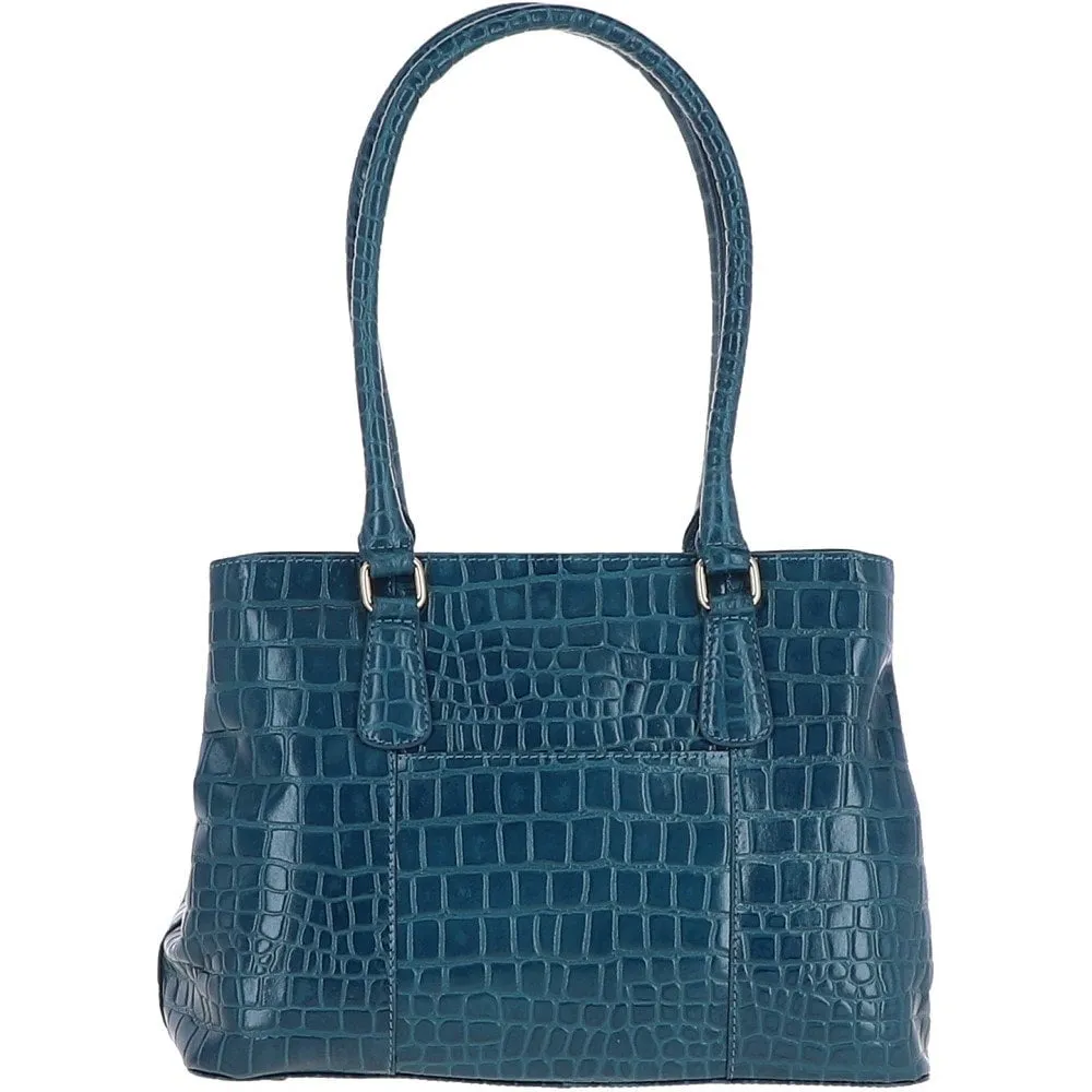 Ladies Crocodile Effect Teal Leather Dual Compartment Shoulder Bag