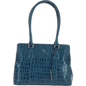 Ladies Crocodile Effect Teal Leather Dual Compartment Shoulder Bag