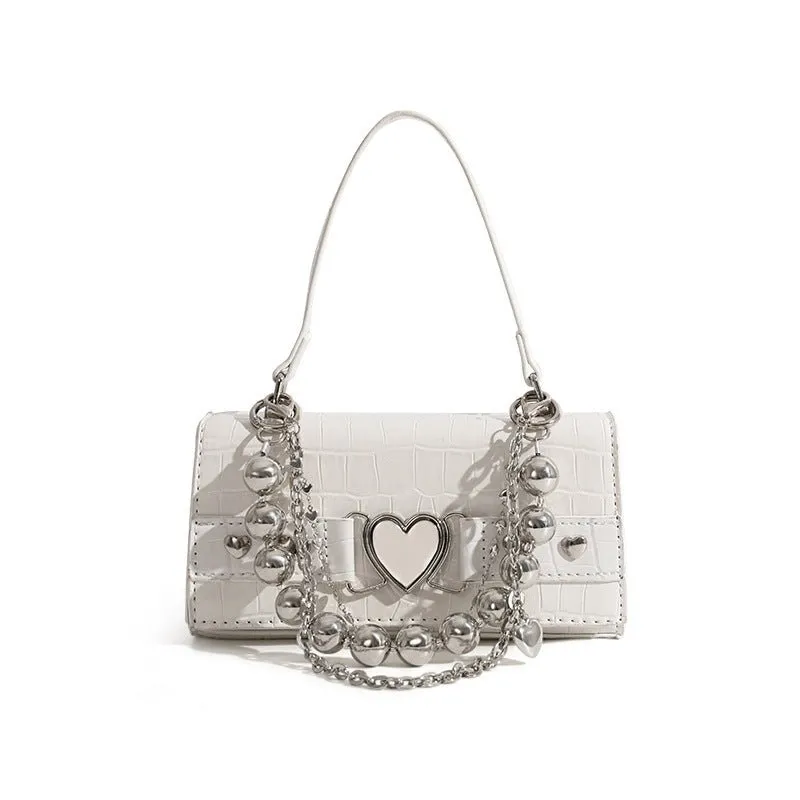 Large Pearl Chain Buckled Heart Bag