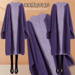 Lazy style thickened knitted cardigan for women 2024 autumn and winter hooded sweater dress purple small fragrance two-piece set