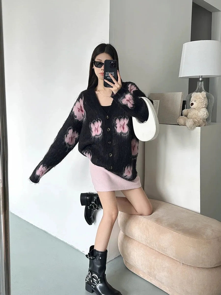 [Little Relative] Heart is Too Soft 2024 Winter New Style Flower Printed Pattern Knitted Wool Cardigan Sweater